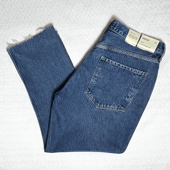 NWT AGOLDE Riley Crop Slim Straight High Rise Blue Sphere Raw Hem Sz 31 L25 - Picture 4 of 16